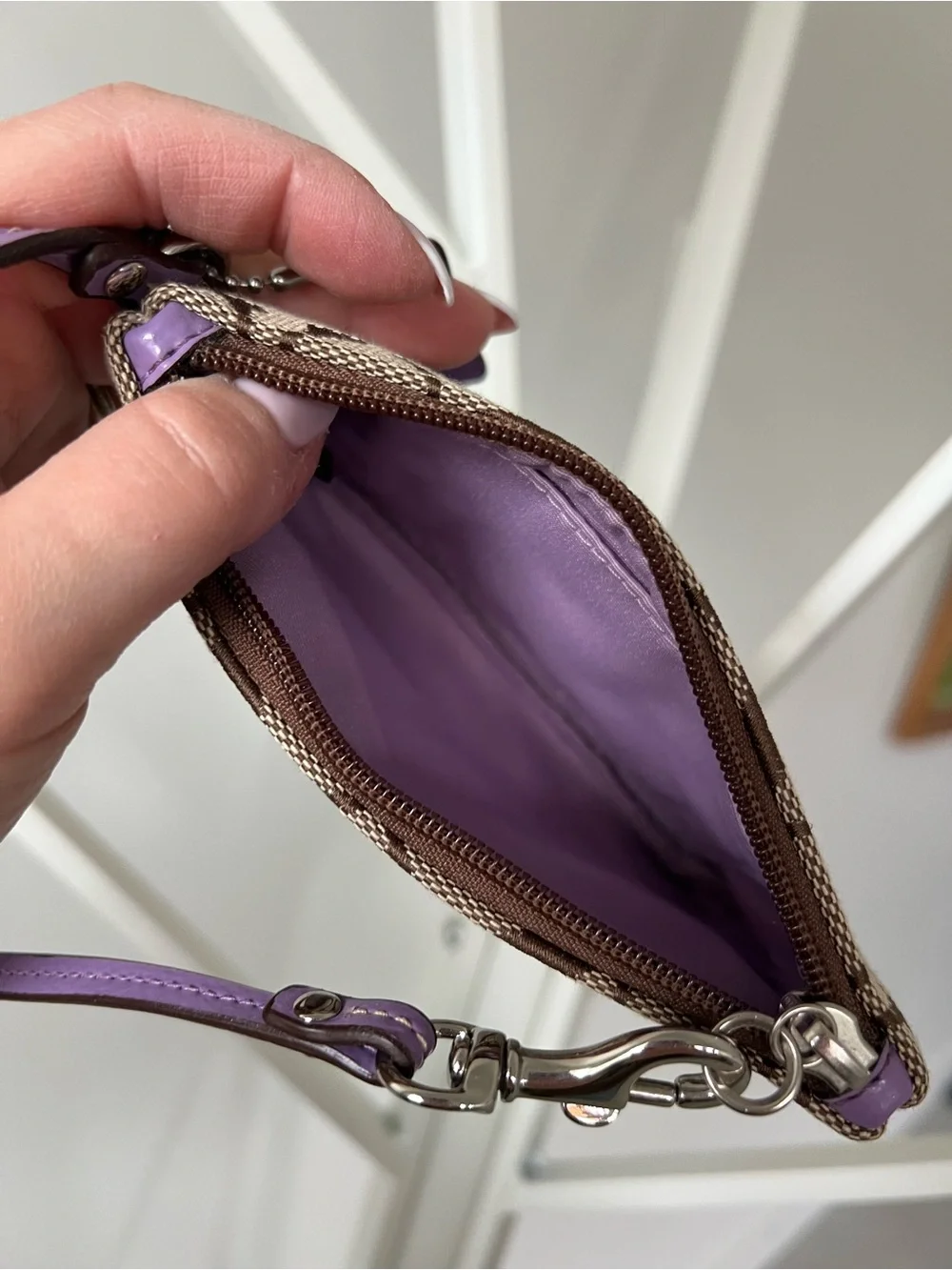 Coach Brown Signature Canvas Wristlet with Lavender Trim